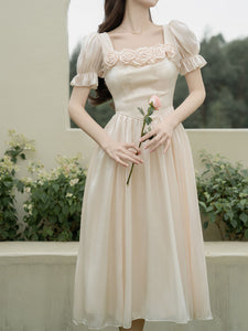 1950S White Rose High Waist Puff Sleeve Vintage Dress