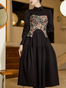 2PS Black Long Sleeve Ruffles Cottagecore Dress With Rose Vest Suits