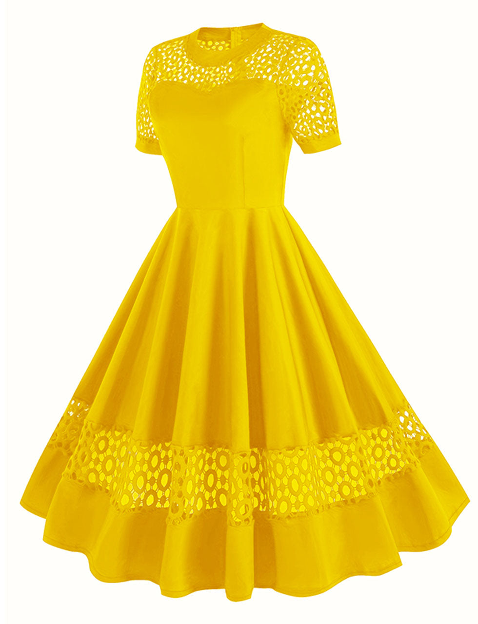 Yellow Semi Mesh Lace Short Sleeve 50S Swing Dress Wine Red / 2XL Yellow Semi Mesh Lace Short Sleeve 50S Swing Dress Wine Red / 2XL