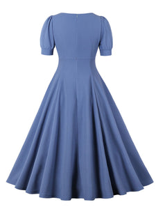 Blue Crew Neck Puff Sleeve 1950S Vintage Swing Dress