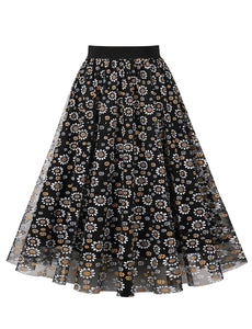 1950S Daisy Print High Wasit Pleated Swing Vintage Skirt