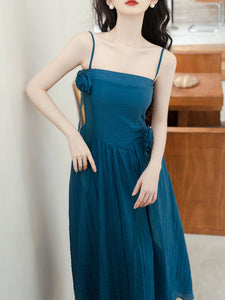 Blue Handmade Rose Spaghetti Strap Maxi Dress Prom Dress With Cardigan
