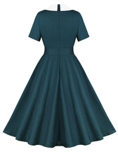 Load image into Gallery viewer, Peacock Blue Peter Pan Collar 1950s Vintage Swing Dress With Belt
