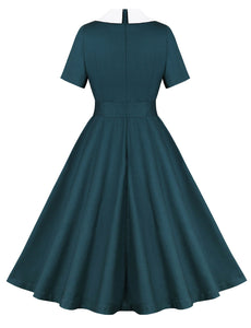 Peacock Blue Peter Pan Collar 1950s Vintage Swing Dress With Belt
