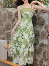 Load image into Gallery viewer, 1940S Green Lace Embroidered Spaghetti Strap Vintage Dress