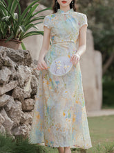 Load image into Gallery viewer, Light Green Burnout Print Cap Sleeve Cheongsam Dress