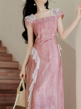 Load image into Gallery viewer, Pink Square Collar Lace Puff Sleeve Vintage Dress