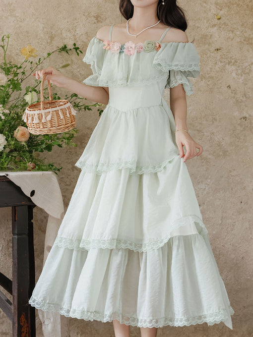 Light Green Off Shoulder Chiffon Tiered Maxi Dress