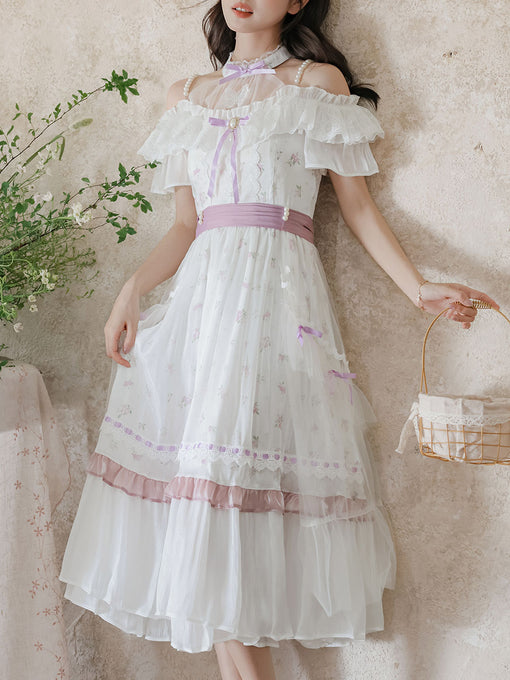 Elegant Victorian White Lace Off-Shoulder Dress