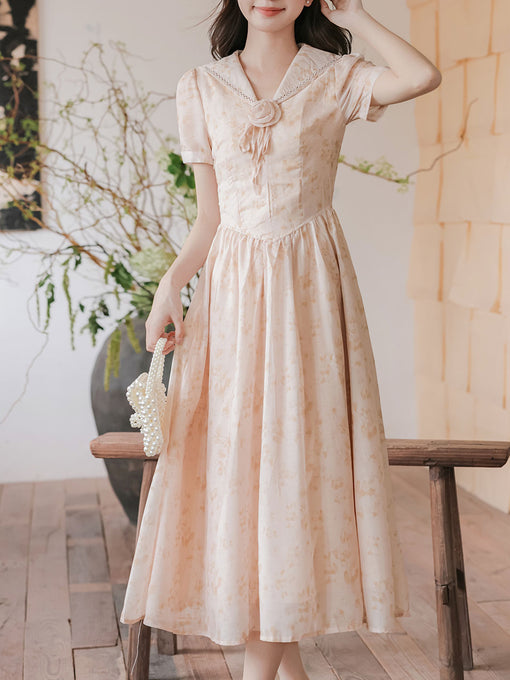 Apricot Sailor Collar Handmade Rosettes Vintage Dress