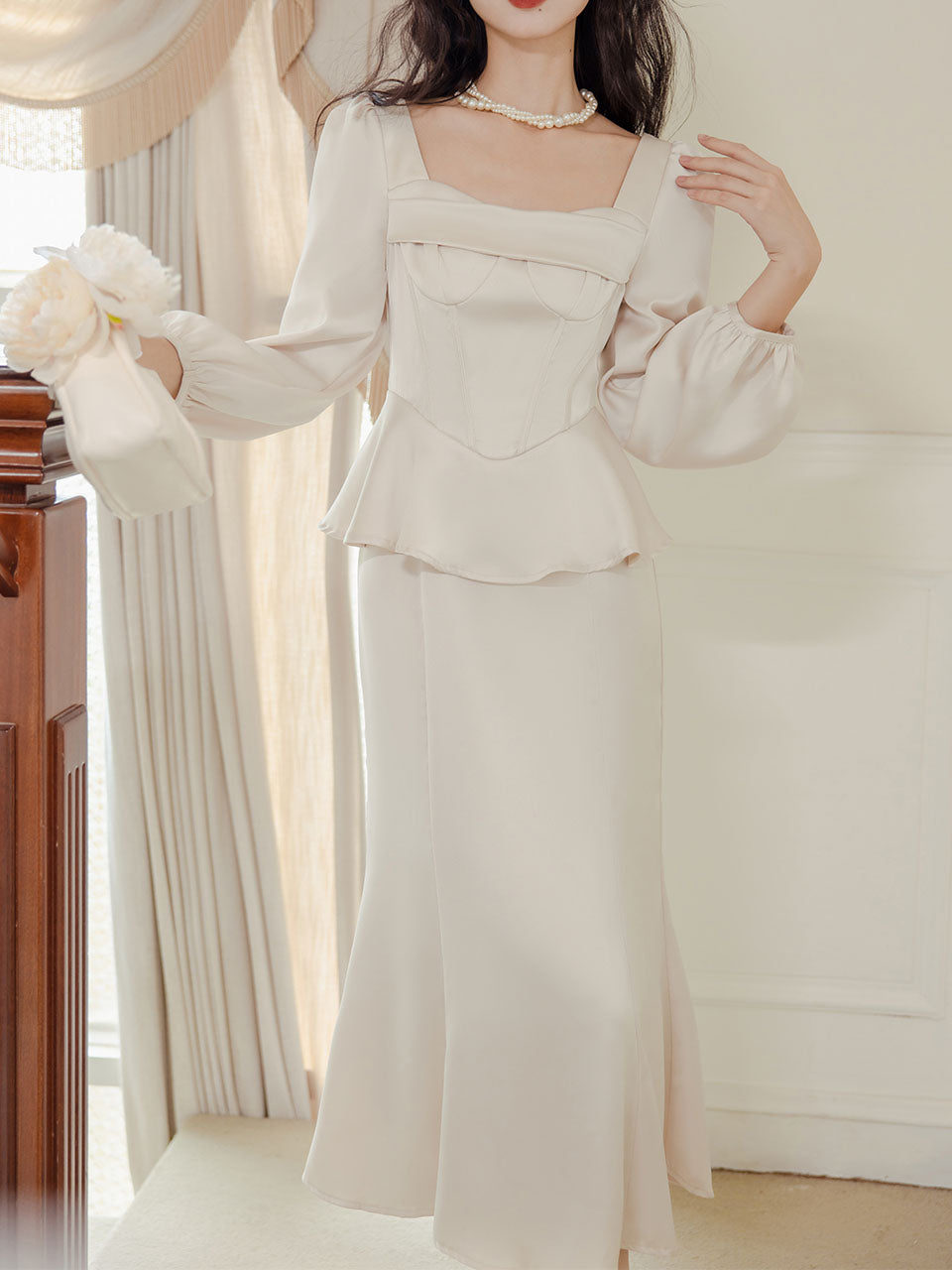 White Long Sleeve Wasp Waist Fake Two-piece Silk 1950S Vintage Wedding Dress White / XS White Long Sleeve Wasp Waist Fake Two-piece Silk 1950S Vintage Wedding Dress White / XS