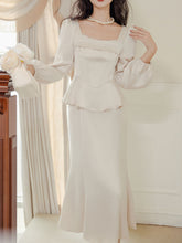 Load image into Gallery viewer, White Long Sleeve Wasp Waist Fake Two-piece Silk 1950S Vintage Wedding Dress