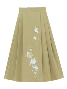 White Peter Pan Collar Short Sleeve Shirt With Green Pleat Skirt Vintage Suit