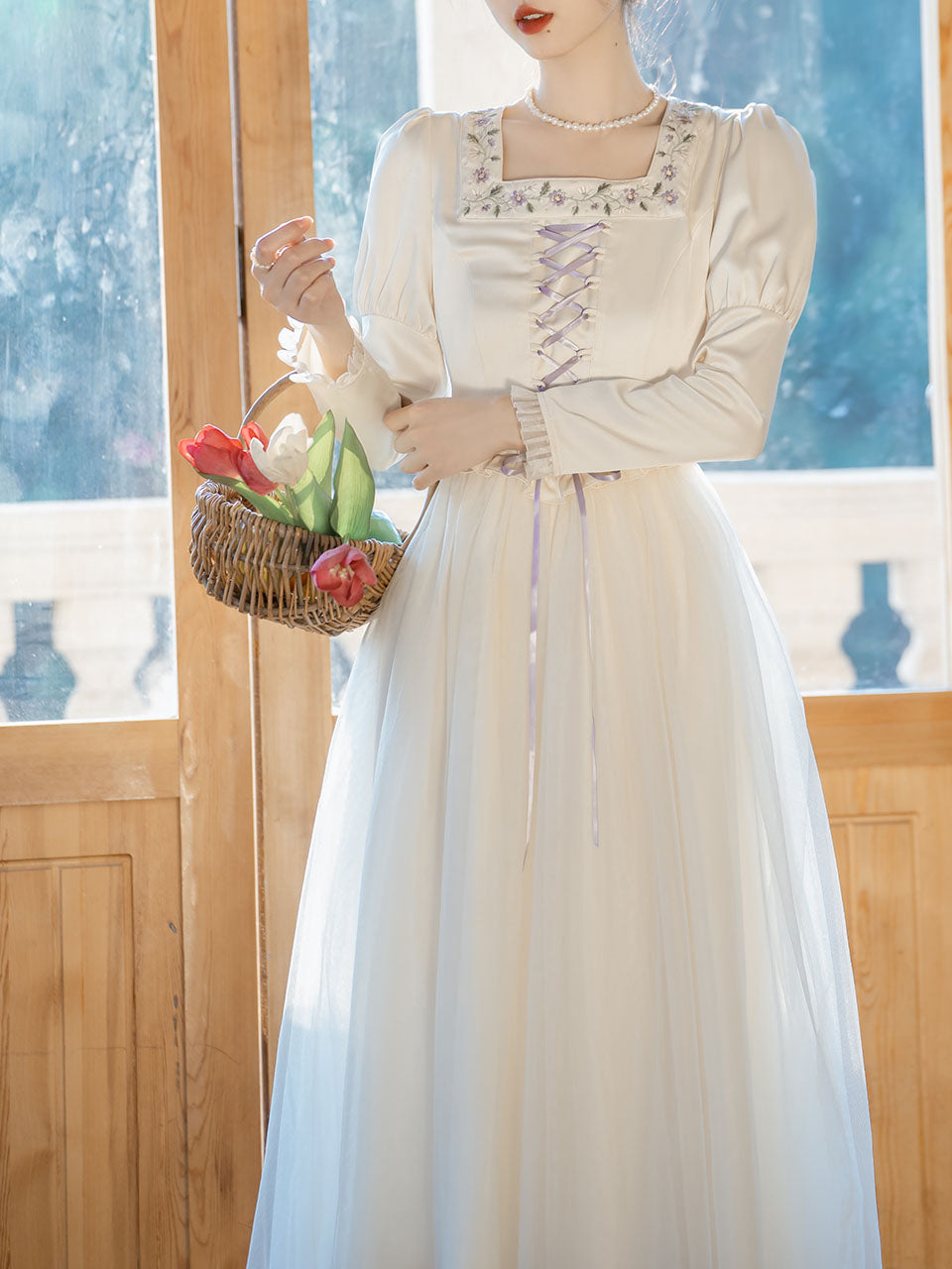 White Square Neck Lavender Embroidered Princess Sleeve Corset Vintage Dress