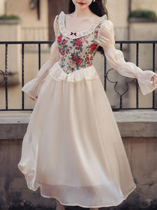 Apricot Round Collar Floral Print Corset Long Sleeve Vintage 1950S Dress
