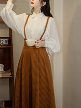 Load image into Gallery viewer, 2PS White Long Sleeve Blouse And Yellow Stripe  Pockets Swing Skirt Dress Set