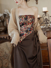 Load image into Gallery viewer, 3PS Brown Floral Tube Top and Slit Skirt 1950s Cardigan Suit