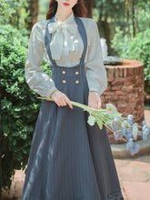 Load image into Gallery viewer, 2PS White Bowknot Shirt And Blue Stripe Swing Strap Dress 1950S Dresss Set