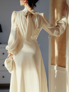White Satin Pleat Edwardian Revival Vintage Wedding Dress