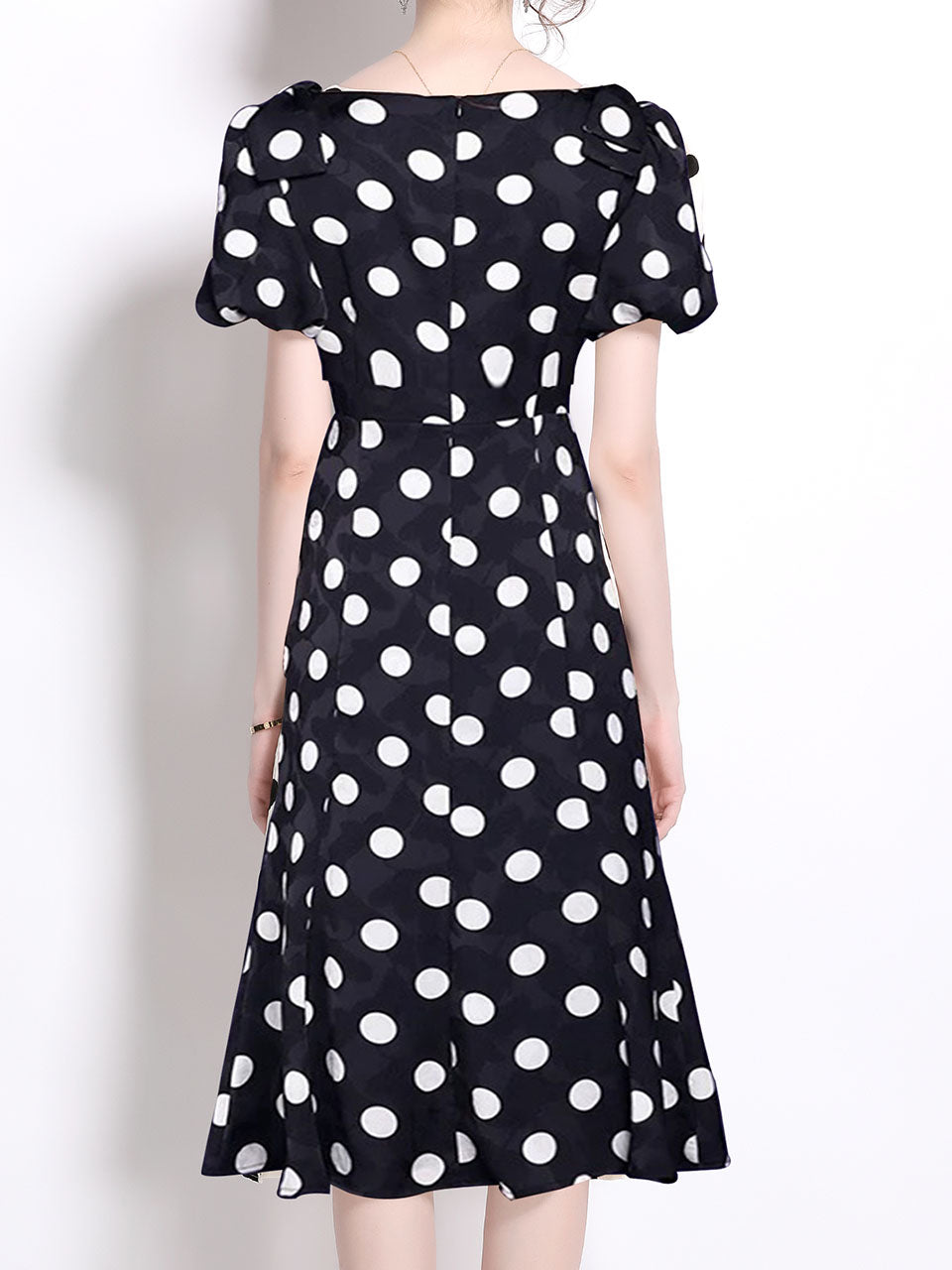 Black Polka Dots Vintage Puff Sleeves Bodycon Dress, Black / XL Black Polka Dots Vintage Puff Sleeves Bodycon Dress, Black / XL
