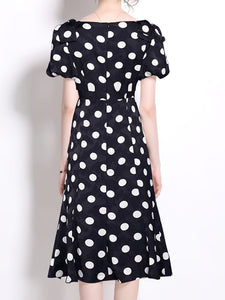 Black Polka Dots Vintage Puff Sleeves Bodycon Dress
