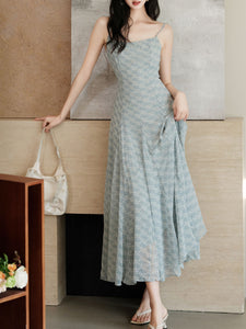 Baby Blue Printed Spaghetti Strap Chiffon Romantic Fishtail Dress and White Cardigan