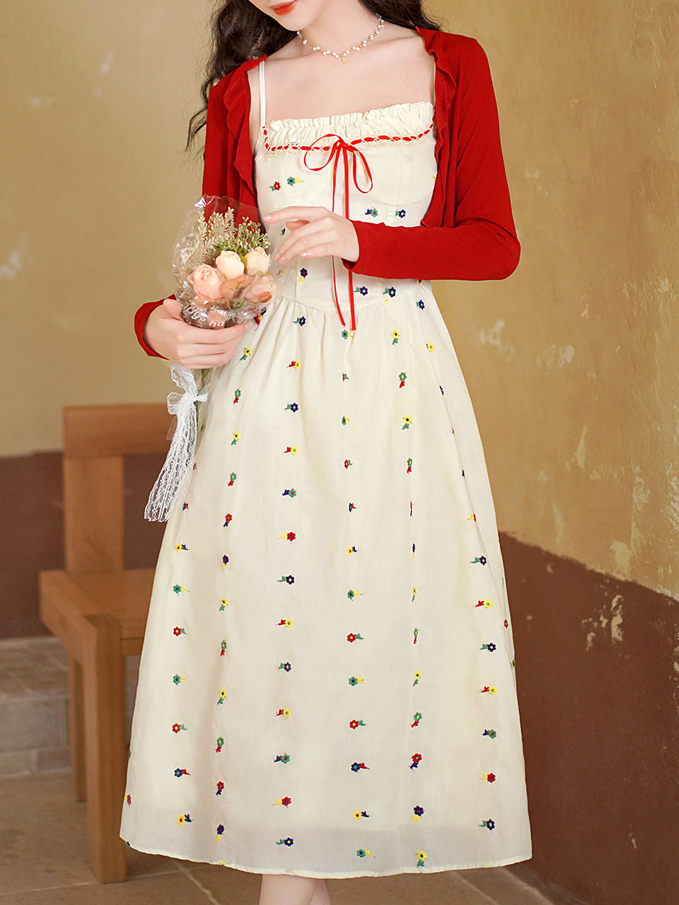White Cute Cotton Embroidered Dress with Red Cardigan Vintage Suit, White / Xs