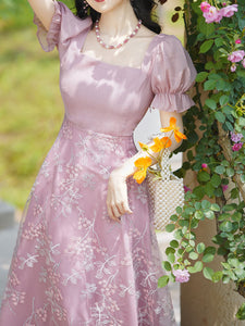 Pink Embroidered Square Neck Puff Sleeve Vintage Lace Up Dress