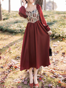 Wine Red Square Collar Floral Print Corset Long Sleeve Vintage 1950S Dress