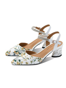 White Floral Print Rhinestone Chunky Heel Vinatge Shoes