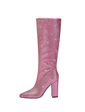 Load image into Gallery viewer, Pink High Heel Pointed Toes Luxury Bling Rhinestone Boots Shoes