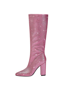 Pink High Heel Pointed Toes Luxury Bling Rhinestone Boots Shoes