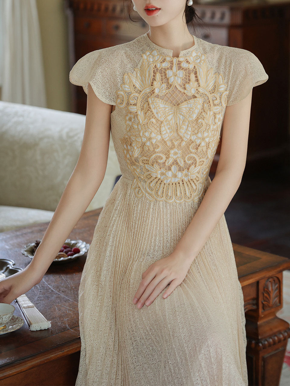 Apricot Embroidered Butterfly Hollow Short Sleeve Lace Dress, Apricot / L Apricot Embroidered Butterfly Hollow Short Sleeve Lace Dress, Apricot / L