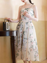 Load image into Gallery viewer, 2PS White Knitted Cardigan With Rose Print Spaghetti Strap 50S Vintage Dress Set