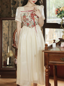 Apricot Square Collar Floral Print Corset Short Sleeve Vintage 1950S Dress
