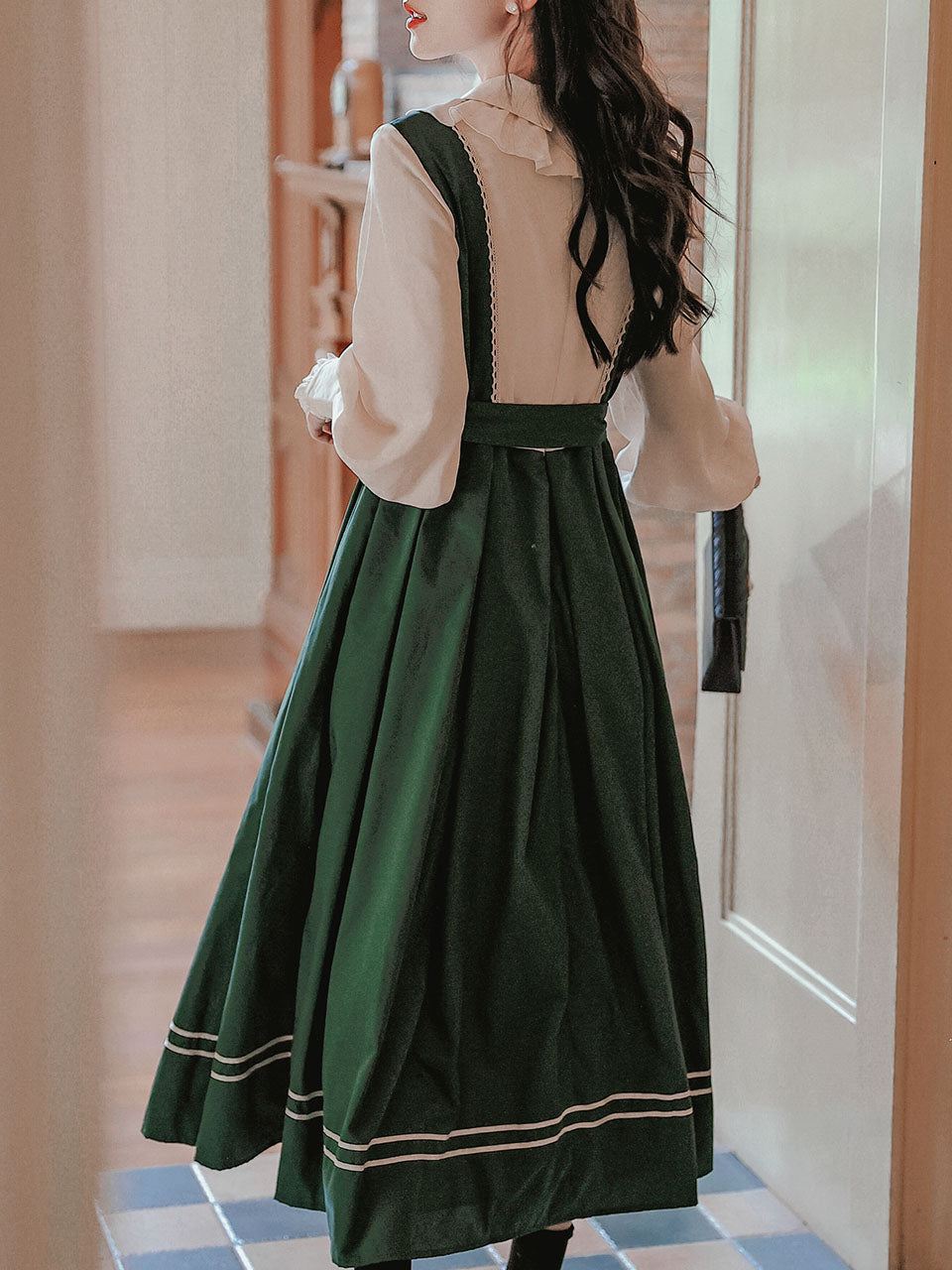 Dark Green Long Lantern Sleeves Edwardian Ruffle Dress, Dark Green / M Dark Green Long Lantern Sleeves Edwardian Ruffle Dress, Dark Green / M