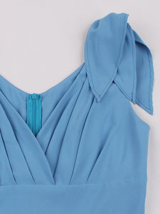 Blue Bow Sleeve V Neck 1950S Vintage Swing Dress