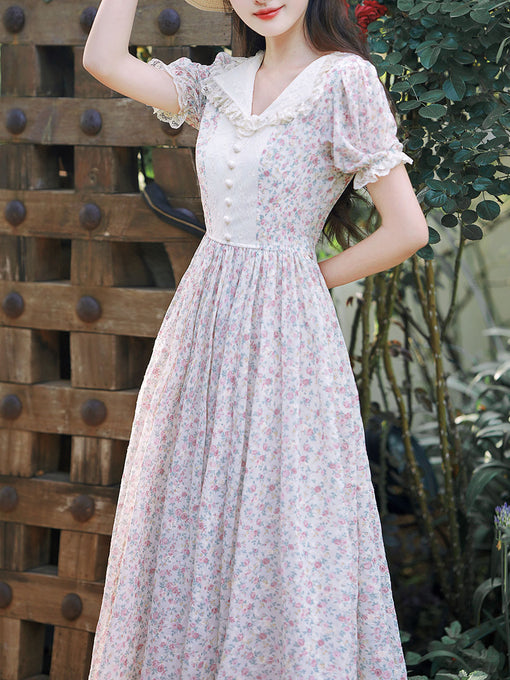 Pink Lace Floral Print Puff Sleeve Fairy Corecottage Dress