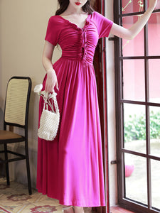 Rose Red V Neck Short Sleeve Vintage 1950S Dress