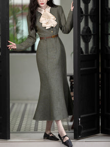 Light Grey Cascade Edwardian Revival Vintage Fishtail Dress