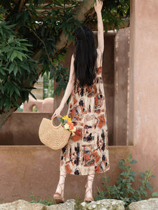 2PS Brown Spaghetti Strap Tropical Pattern Holiday  Dress With White Long Sleeve Cardigan