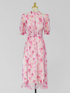 Pink Floral Print Ruffles 1950S Chiffon Vintage Dress