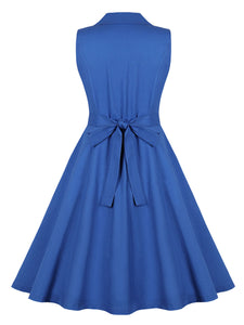 Blue V Neck 1950s Swing Dress With Back Bow