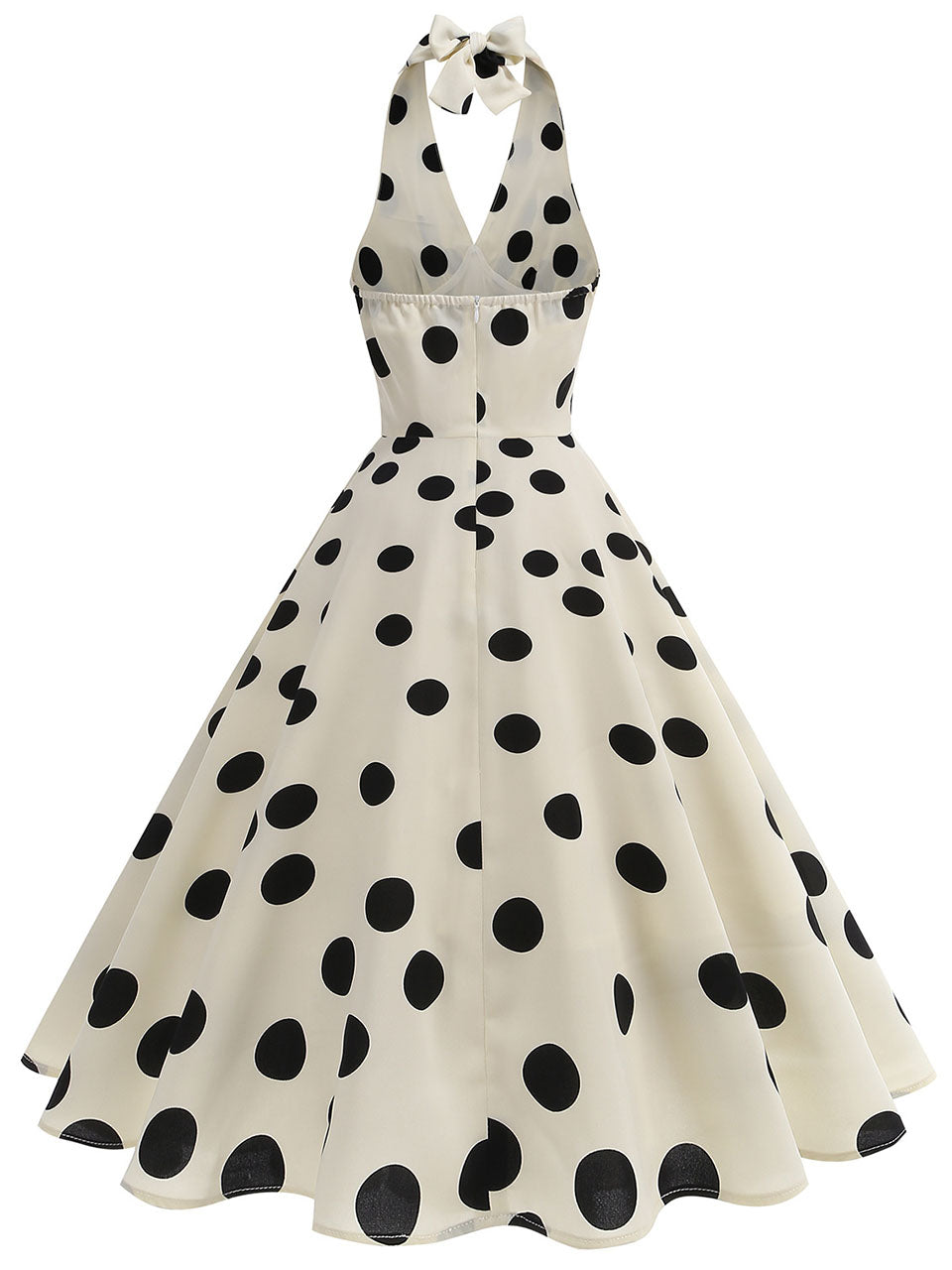 White and Black Polka Dots Halter Backless 1950S Vintage Swing Dress inspired by Cruella, White / L White and Black Polka Dots Halter Backless 1950S Vintage Swing Dress inspired by Cruella, White / L