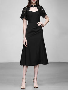 black lace 1950s dress 1950s Black Lace Party Dress with Sequined Illusion Neckline