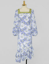 Load image into Gallery viewer, Blue Floral Print Square Neck 1950S Vintage Dress