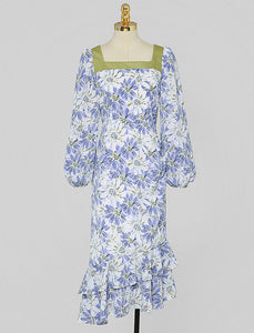 Blue Floral Print Square Neck 1950S Vintage Dress