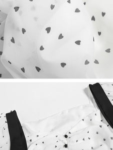 White Sweet Heart Print Square Neck Bow Chiffon 1950S Dress