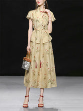 Load image into Gallery viewer, 2PS Brown Floral Print Ruffled Sleeve Shirt With Swing Skirt Set