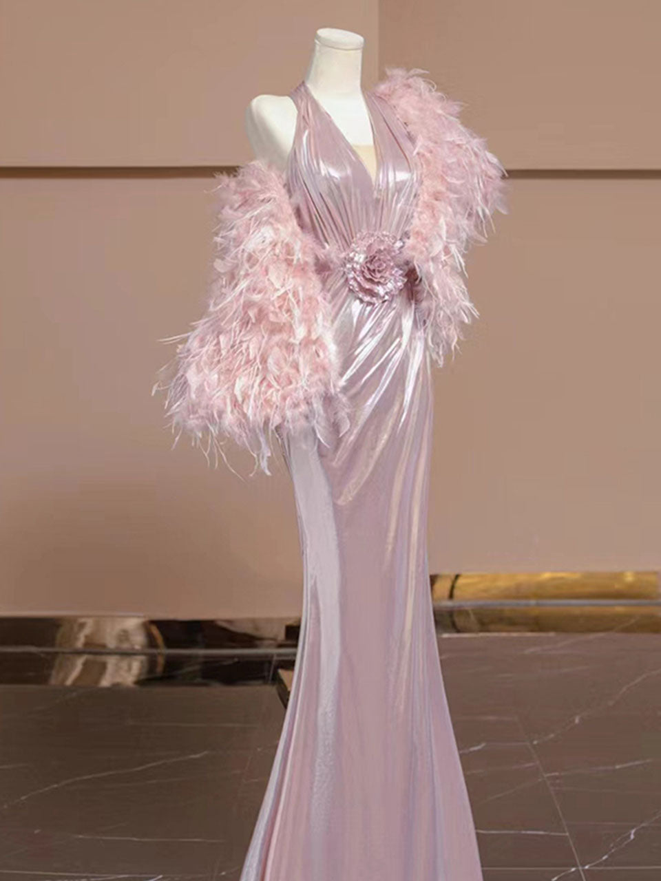 Pink Pleated V Neck Retro Fishtail Dress With Shawl, Pink / L Pink Pleated V Neck Retro Fishtail Dress With Shawl, Pink / L